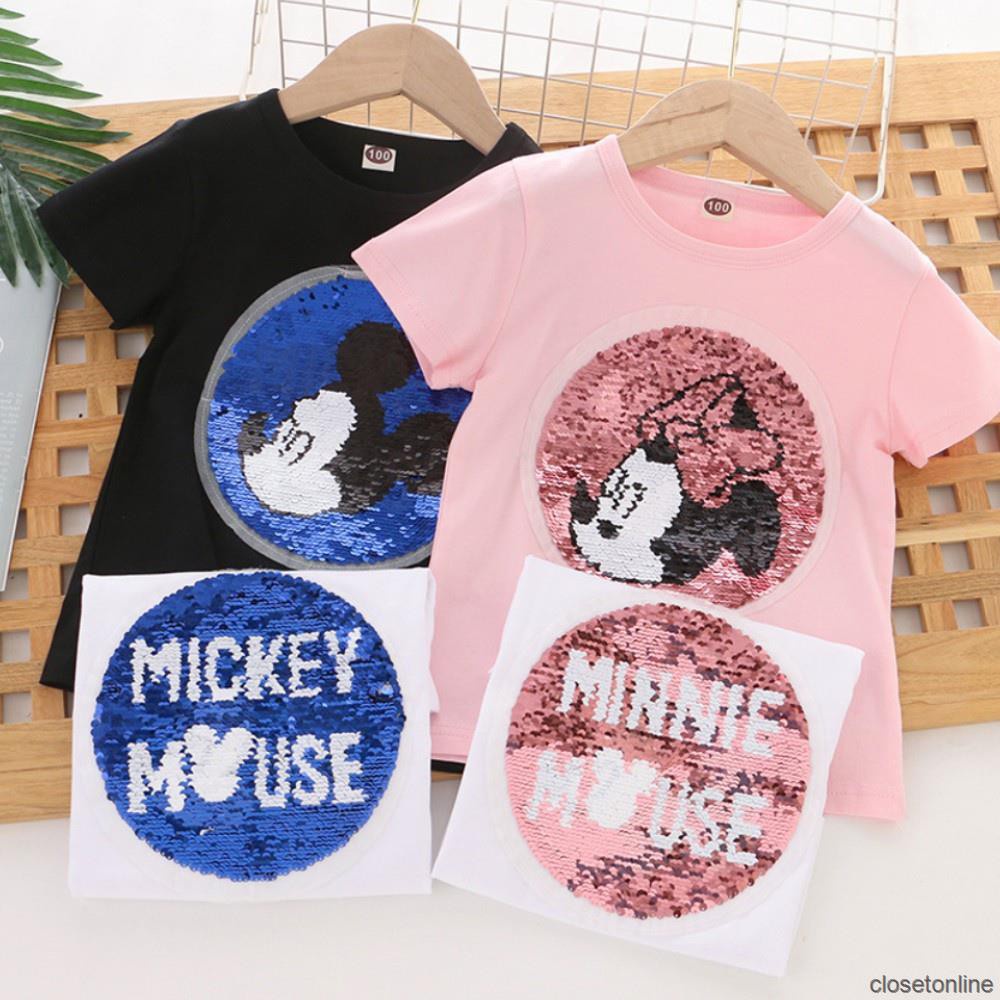 Áo Thun Cotton Cổ Tròn In Hình Chuột Mickey Đáng Yêu Cho Bé