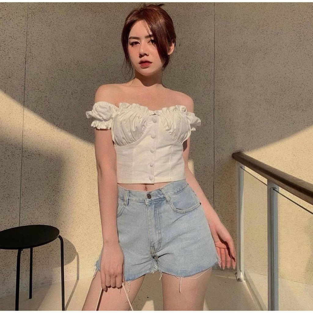 Áo Croptop Nhún Ngực Nút Bọc AMO (TRẮNG) | BigBuy360 - bigbuy360.vn