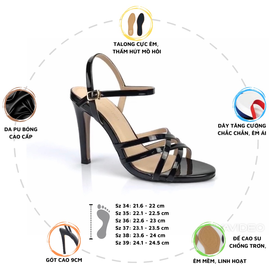 Giày sandal cao gót đan dây quai mảnh gót nhọn 9p da bóng HADU G929