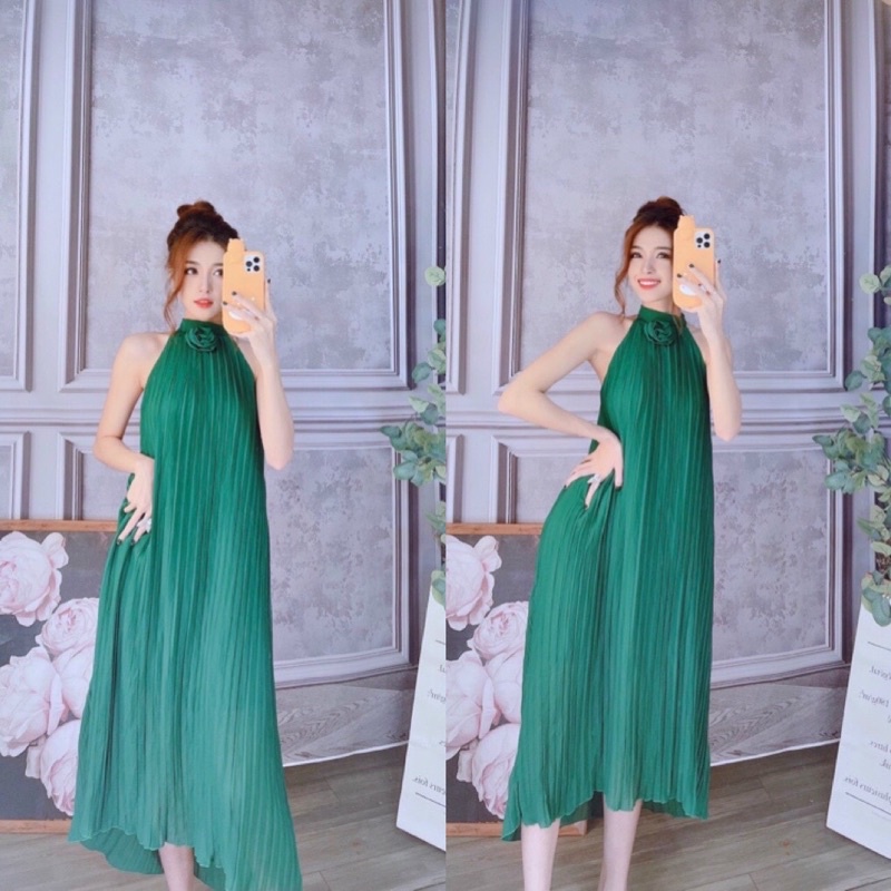 Đầm maxi dập ly cổ yếm hở lưng, có mút ngực, đầm đi biển, bầu bí bon chen được + ảnh thật | BigBuy360 - bigbuy360.vn