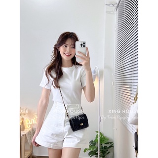 Set đồ nữ quần short kaki trắng + áo thun gân trắng ôm