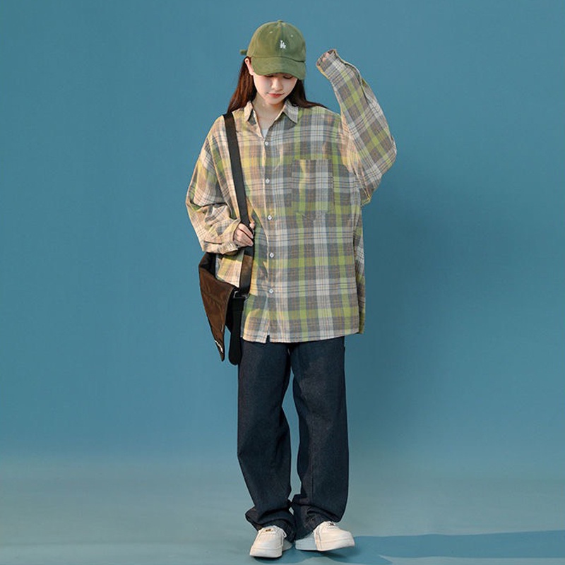 Áo sơ mi unisex form rộng tay dài kẻ caro đẹp hàng Quảng Châu ANDOSA SM09