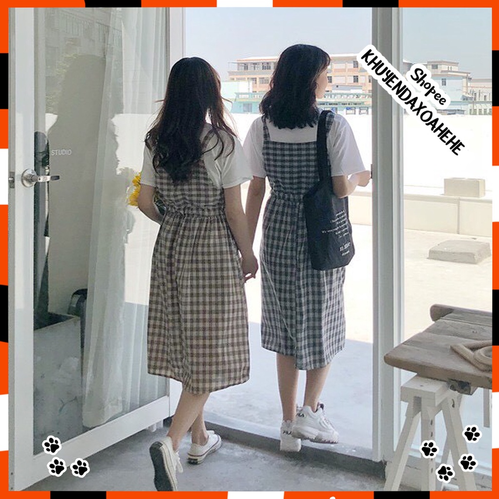 V002 Váy yếm kẻ 2 dây buộc eo ulzzang nhẹ nhàng nữ tính,Váy kẻ caro dáng dài Hàn Quốc cute dễ thương trẻ trung vintage | BigBuy360 - bigbuy360.vn