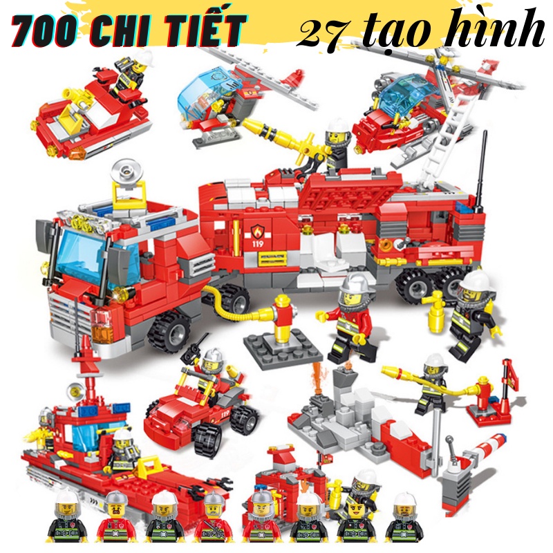 Bộ đồ chơi lắp ráp xe cứu hỏa 700 chi tiết, logo xếp hình mô hình cảnh sát cứu hỏa đồ chơi cho bé
