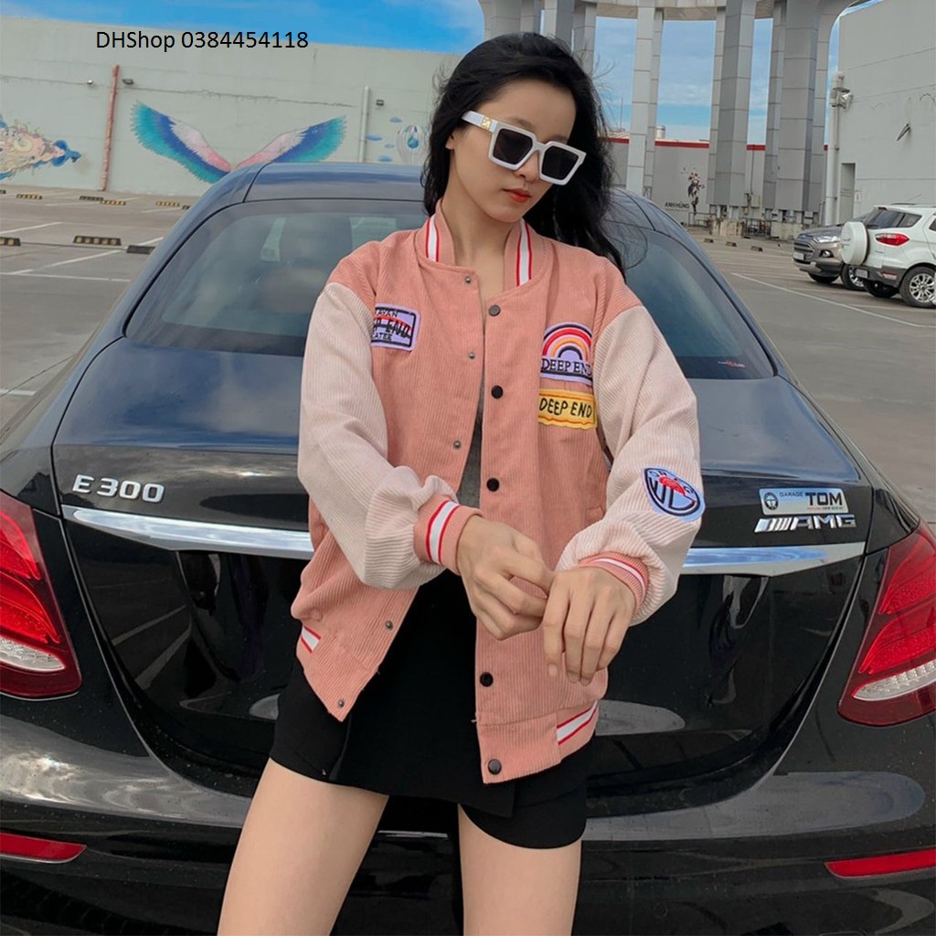 Áo khoác bomber nhung tăm unisex, varsity jacket bomber nhung tay phồng có kèm túi áo thêu deep end Bunny_035