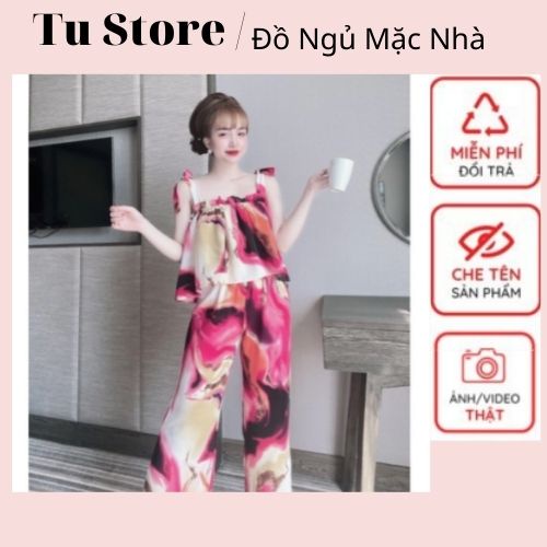 Đồ Ngủ Sexy, Đồ Mặc Nhà Nữ Áo 2 Dây Tầng Chất Tơ Hoa Phối Quần Dài Lụa Satin Màu Thời Trang Nữ Sexy, Gợi Cảm, Quyến Rủ.