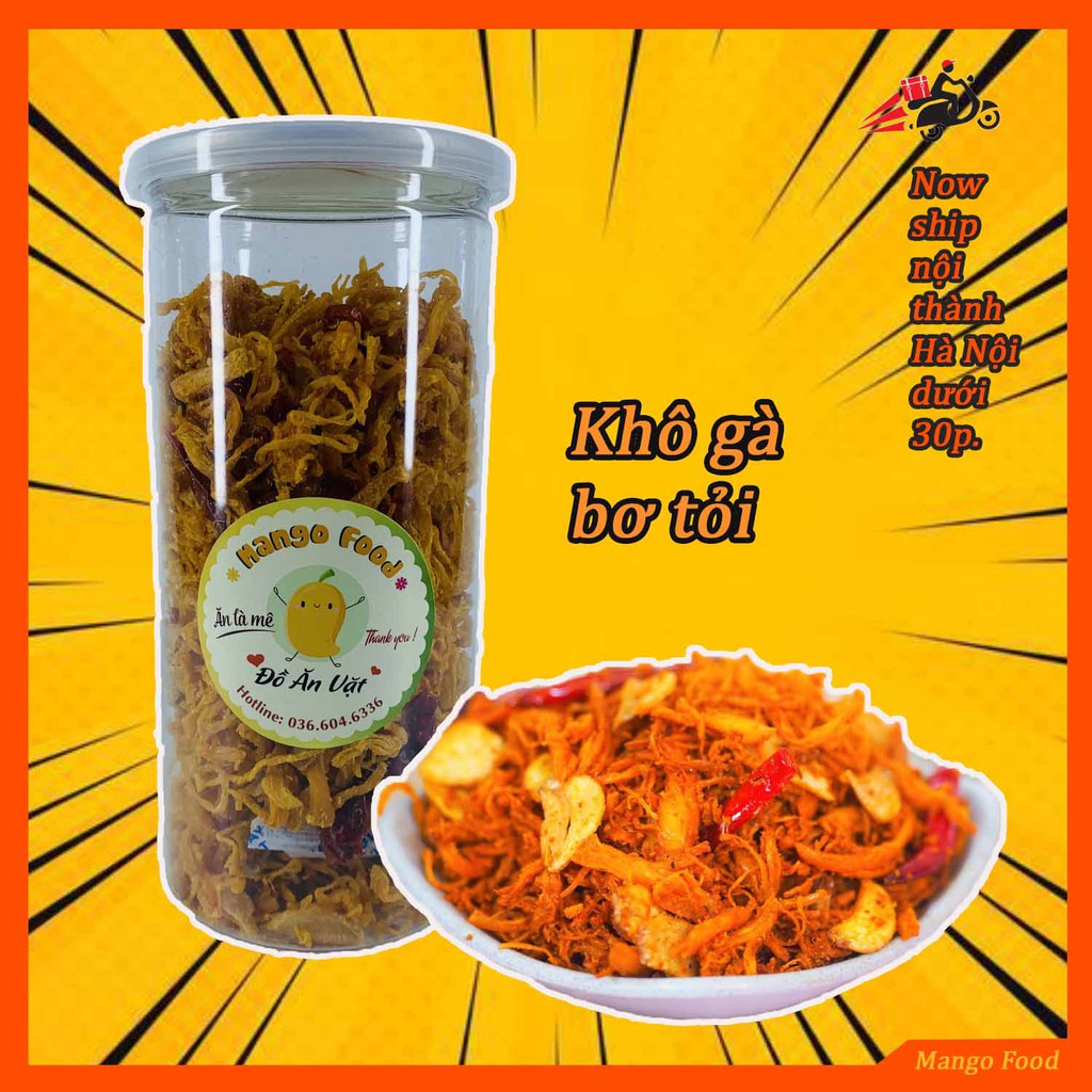 Khô gà bơ tỏi lá chanh 300g đồ ăn vặt Hà Nội Mango Food đóng hũ pet siêu sạch