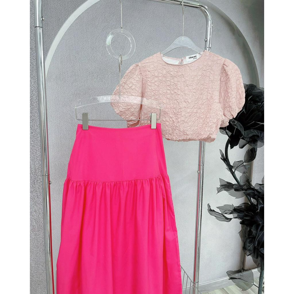 SET ÁO CROTOP XỐP NHÚN TAY PHỒNG CHÂN VÁY MIDI XẾP LY HỒNG SEN (TH)