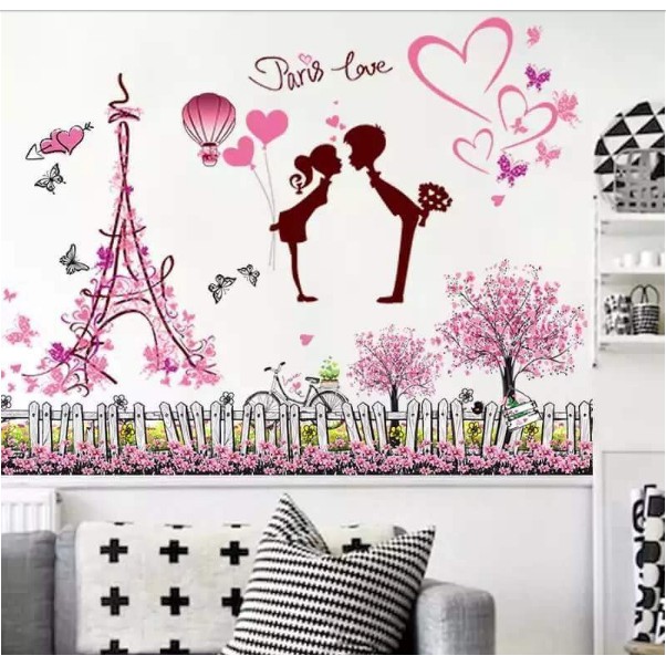 BỘ COMBO DECAL GHÉP ĐÔI TRANG TRÍ - Tháp Hồng tình nhân kết hợp chân tường Happy Tree ( 2 TẤM )