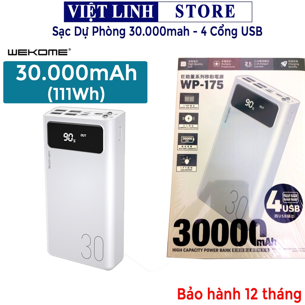 Pin sạc dự phòng 30000mah WK 175, đèn led hiển thị pin, 4 cổng USB đa năng, hàng chính hãng - Việt Linh Store