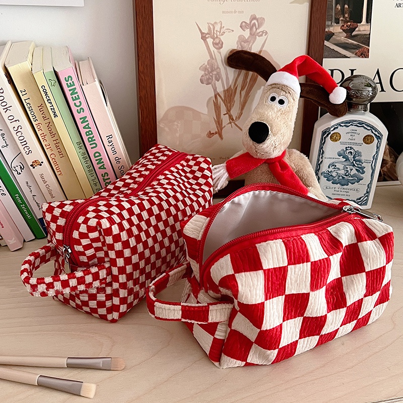 Túi Đựng Bút/Mỹ Phẩm Bằng Vải Nhung Kẻ Sọc Caro Thời Trang