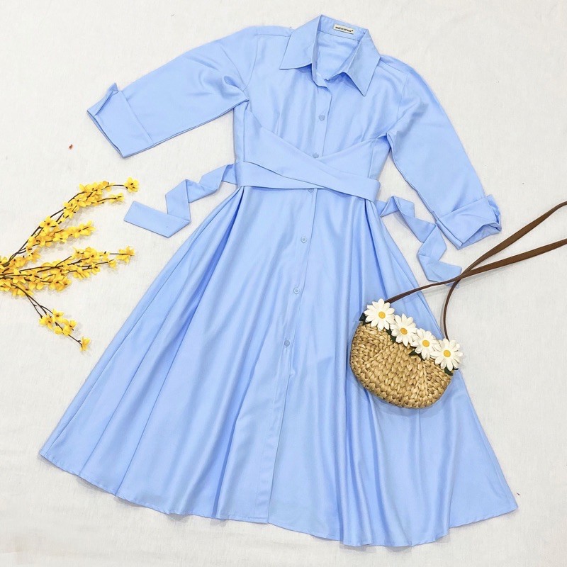 Đầm Váy Xanh Cột Chéo Eo