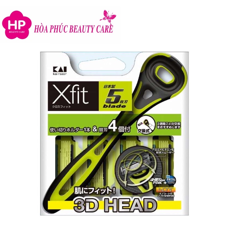 Dao Cạo Râu 5 Lưỡi Kép Kai Razor 3D Head Xfit (Set 1 cây Và 4 Lưỡi Thay Thế  )