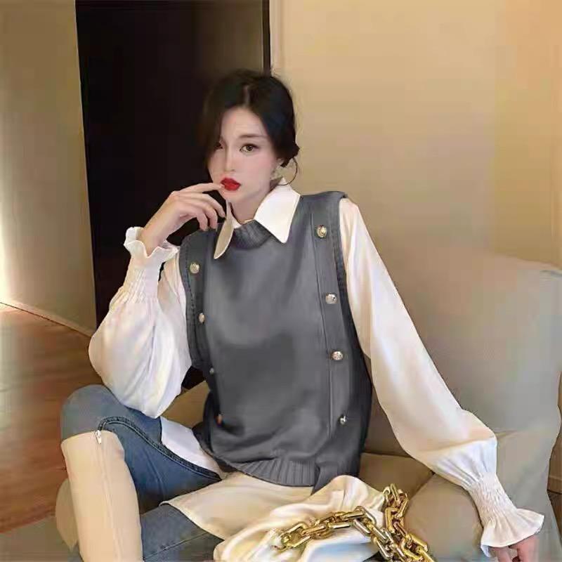 MS837 Áo gile len nữ cúc sườn cổ tròn Hàn Quốc