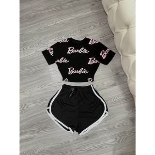 Set bộ áo thun croptop in chữ babi toàn áo quần short kẻ sọc xinh na