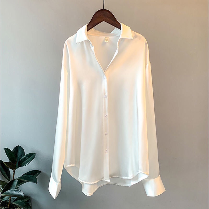 Áo Sơ Mi satin Tay Dài Dáng Rộng Thiết Kế Cổ Điển Phong Cách Hồng Kông Thời Trang Mùa Thu Mới Cho Nữ