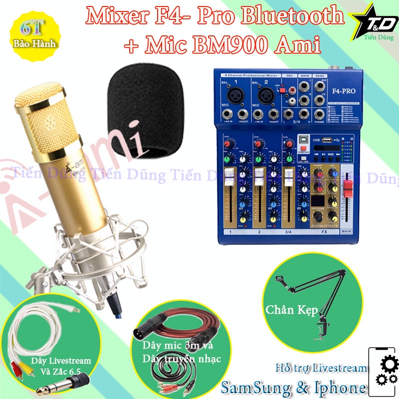 Bộ Mic Thu Âm Livestream Mixer F4 PRO và Mic BM900 Ami Chân Đế Dây Livestream Chế Dây Truyền Nhạc Dây mic 3m zắc 6.5.