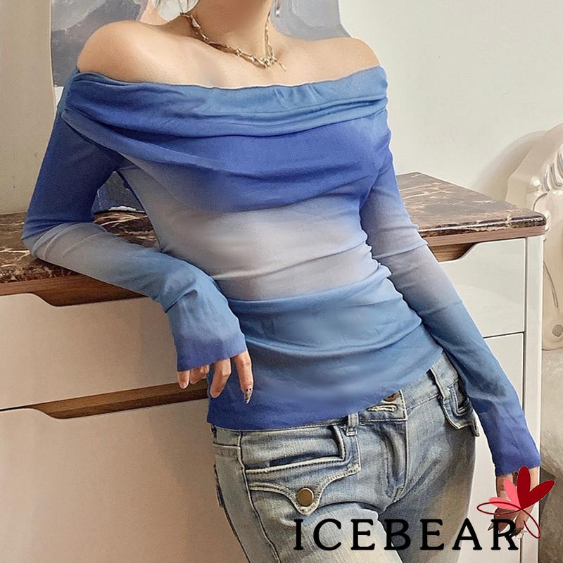 Áo Thun Tay Dài Hở Vai Phối Lưới Họa Tiết Màu Nhuộm Phong Cách Đường Phố Cho Nữ