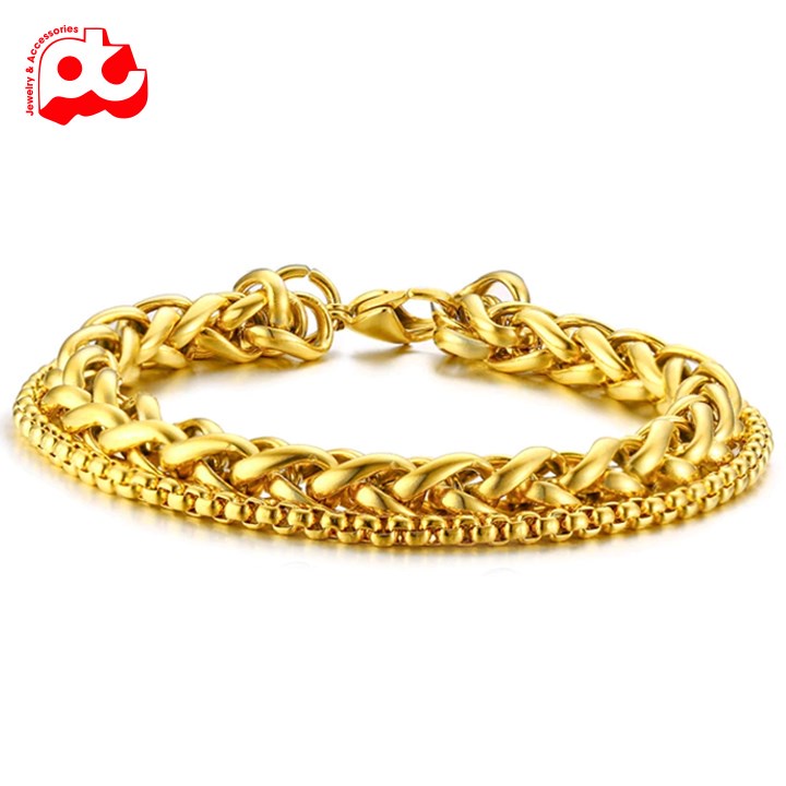 Lắc tay nam titan cao cấp rẻ đẹp kiểu sợi dừa thời trang cách điệu 2 sợi cá tính PT JEWELRY màu mạ vàng PTLTNA08