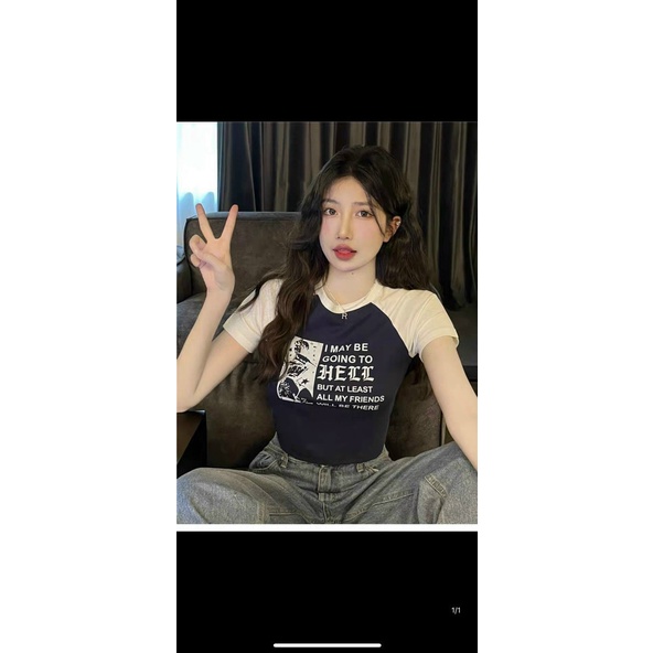 Áo thun nữ cổ tròn kiểu tay ngắn in họa thiết dáng croptop 40