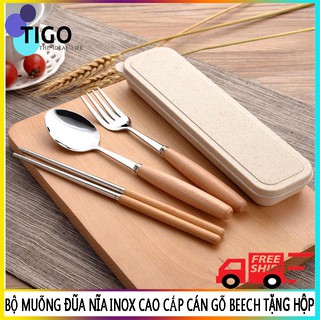 BỘ MUỖNG NĨA ĐŨA CÁN GỖ BEECH INOX [Hàng Chất] -TIGO-TG003 (TẶNG HỘP)