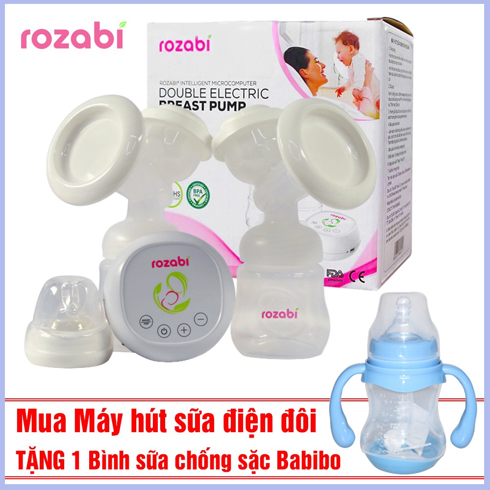 Máy hút sữa điện đôi Rozabi Basic- Tặng 1 Bình sữa Babibo chống sặc cho bé