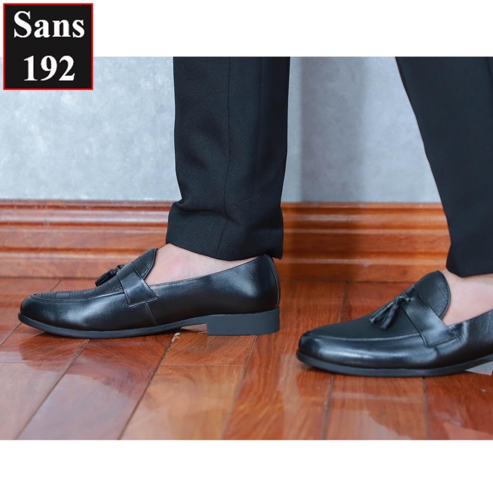 Giày lười nam da bò thật Sans192 giầy mọi có chuông moca cao cấp đen đẹp penny loafer hoạ tiết công sở hàn quốc 🐢