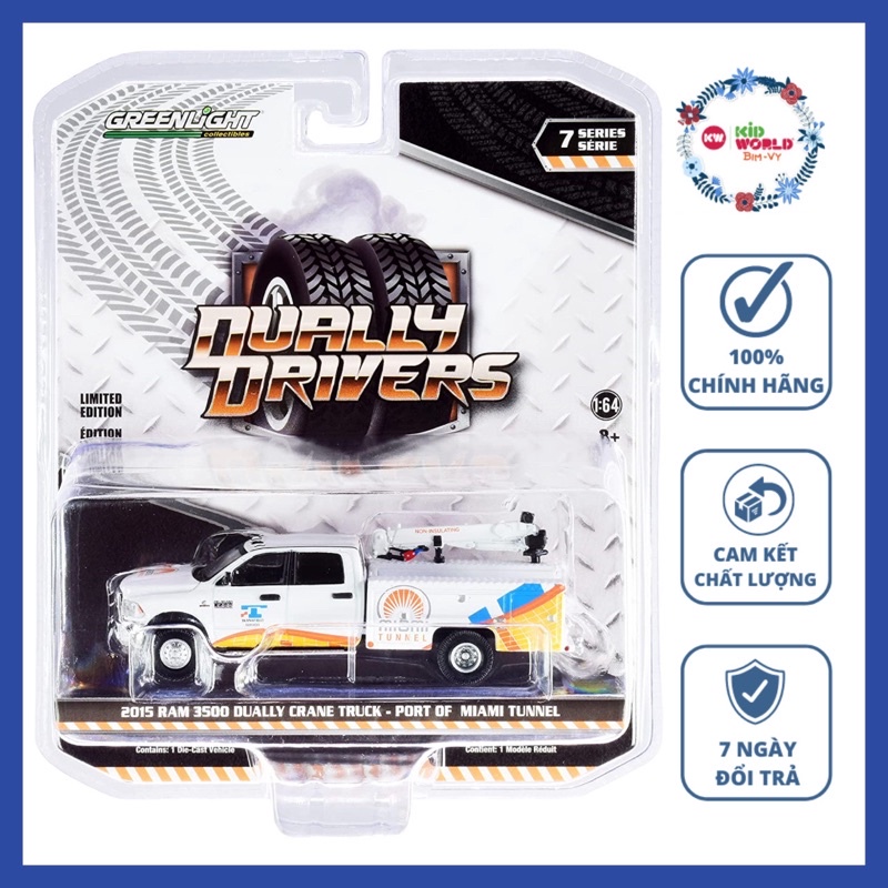 Xe mô hình GreenLight Dually Drivers Series 7 2015 Ram 3500 Dually Crane Truck - Port of Miami Tunnel 46070-C.