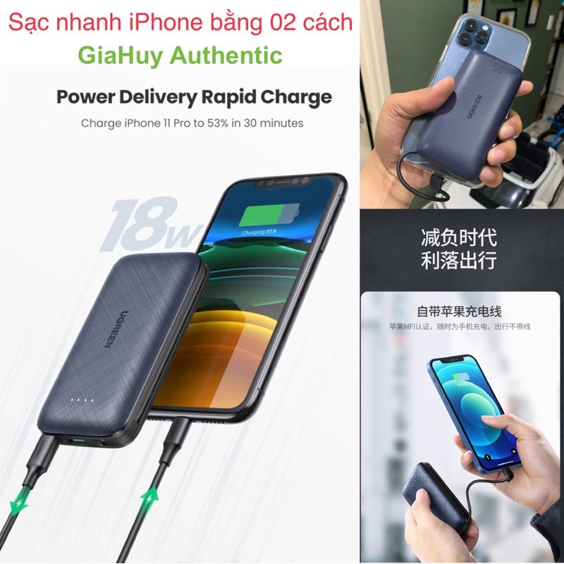 Pin sạc dự phòng tích hợp Cáp Lightning PD 18W MFi C94 UGREEN PB172 10000mAh PD 18W &amp; QC 3.0 18W