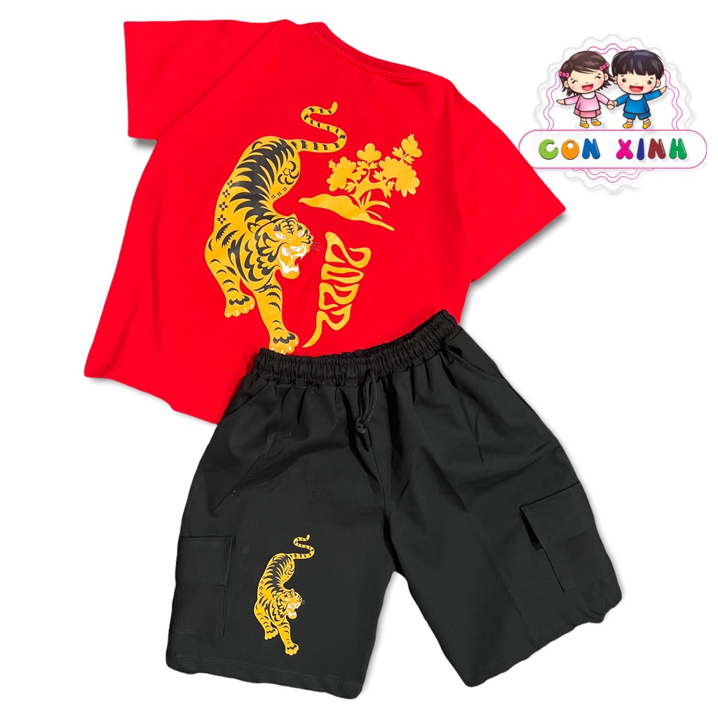 Bộ đồ bé trai CON XINH cotton quần kaki hình in Cọp vằn 2022, thời trang trẻ em thừ 4 đến 10 tuổi