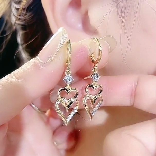 Niche Bông Tai Hai Lớp Hình Trái Tim Cảm Giác Chạm Khắc Lỗ Tai