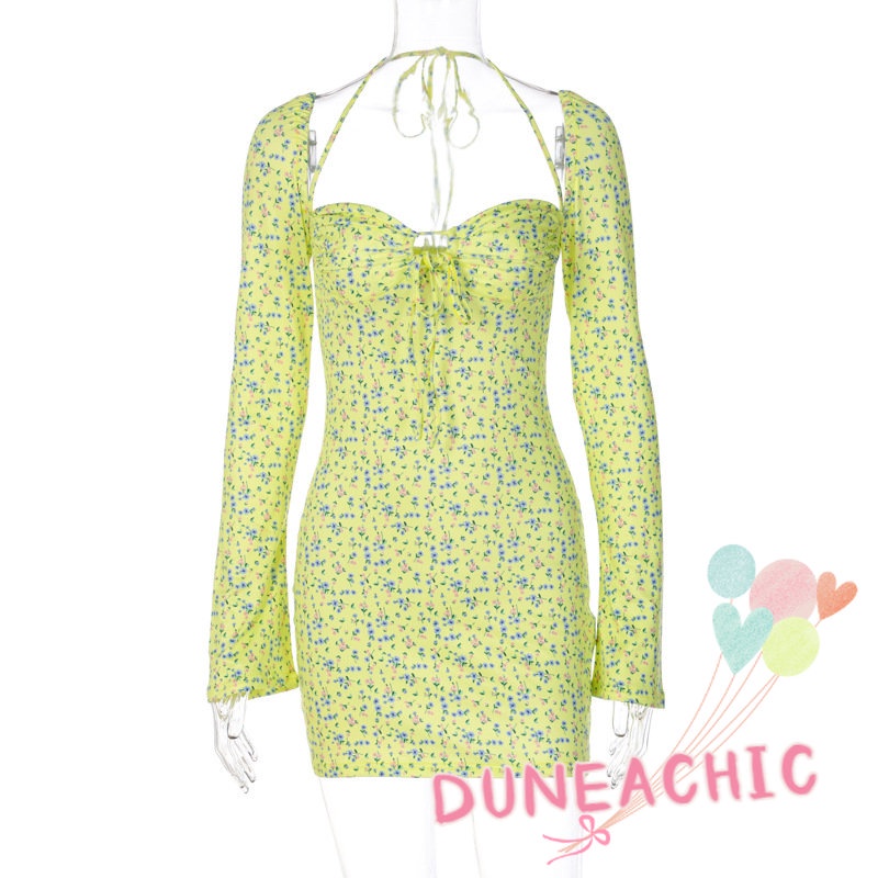 DUNEA Đầm Dài Tay In Hoa Với Thiết Kế Cổ Yếm Xinh Xắn Dành Cho Nữ