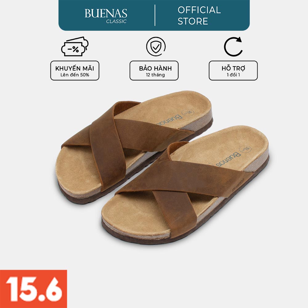 Dép đế trấu nam nữ da bò unisex birken quai chéo Buenas - BB03