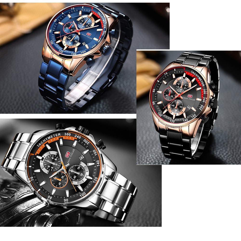 MINI FOCUS Thời trang thể thao đồng hồ đeo tay nam bằng thép không gỉ