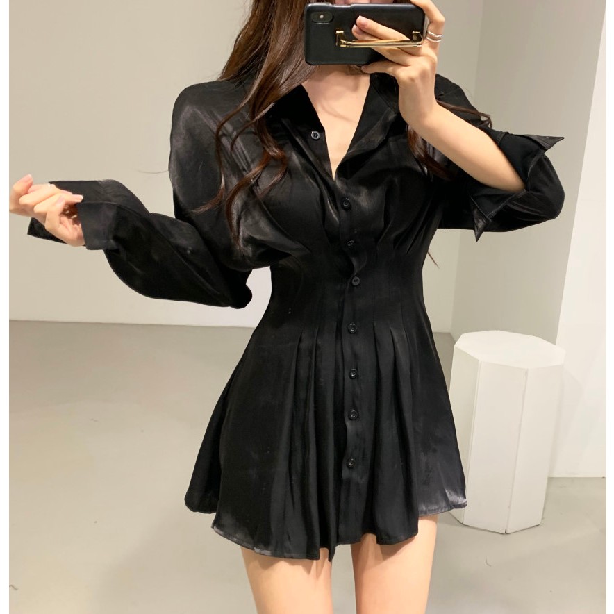 Đầm nữ sơ mi dáng xòe tay dài mini Emilyshop