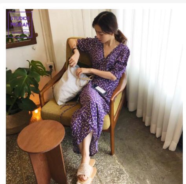 Váy hoa nhí tím dài dáng dài, ngắn tay, dài tay