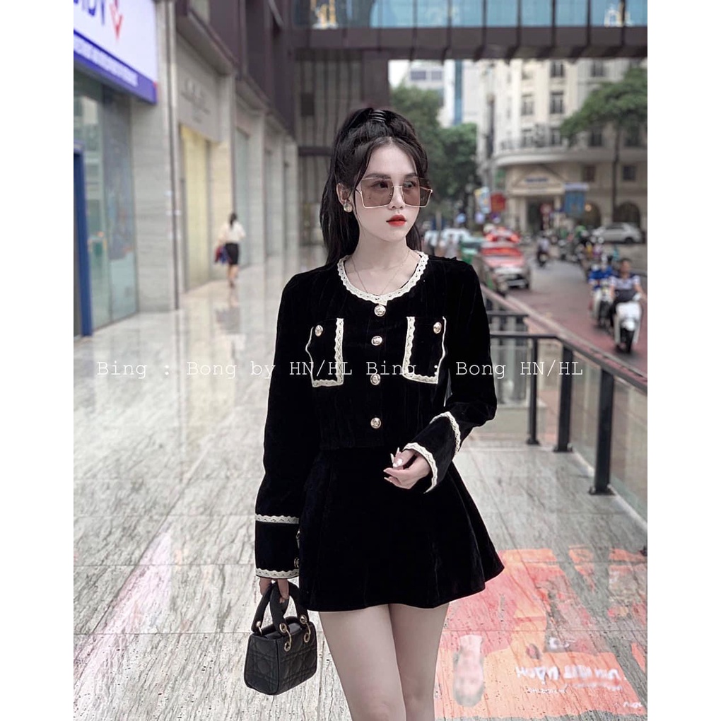 Set bộ đồ nữ nhung viền ren - set dạ mặc đi chơi, đi tiệc Thu Đông mix chân váy sang chảnh siêu xinh - Ngoc Uyên Store