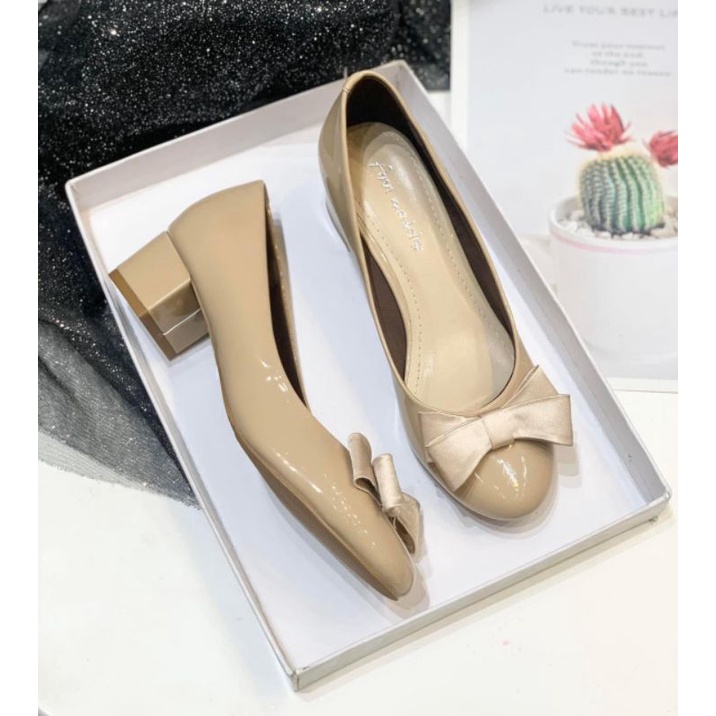 Giày cao gót công sở 3 phân mũi tròn gót vuông gắn nơ lụa