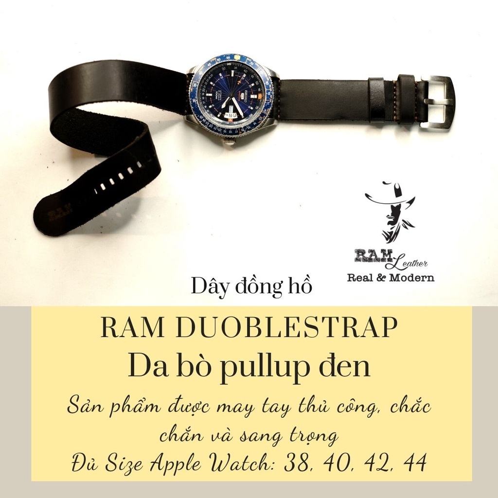 Dây đồng hồ RAM Leather da bò cao cấp màu đen RAM Leather doublestrap - tặng khóa chốt và cây thay dây