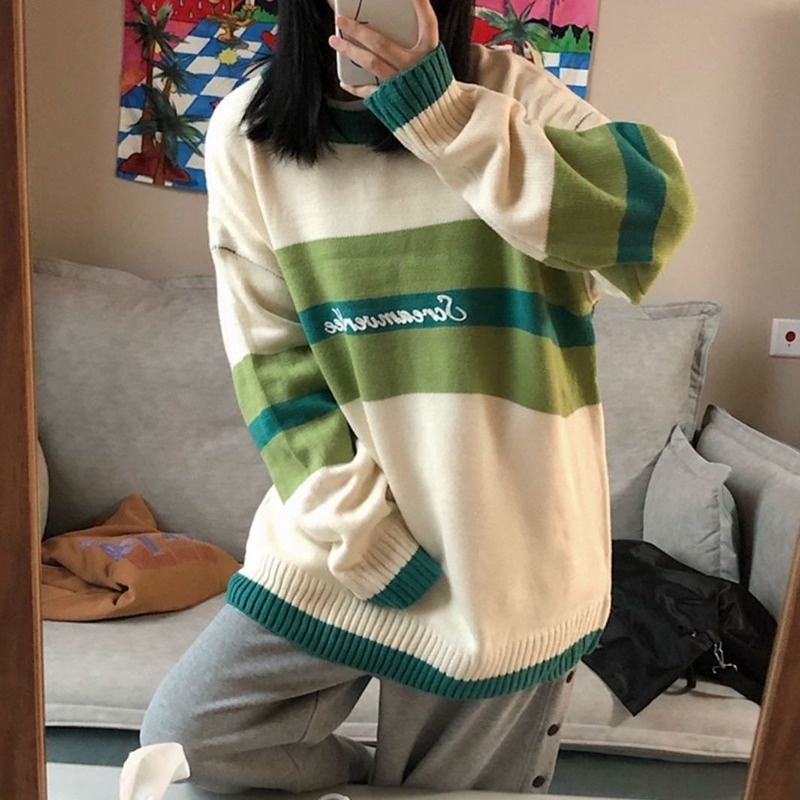 Áo sweater dệt kim mặc chui đầu cổ tròn dáng rộng phối màu kiểu Hàn Quốc thời trang thu đông