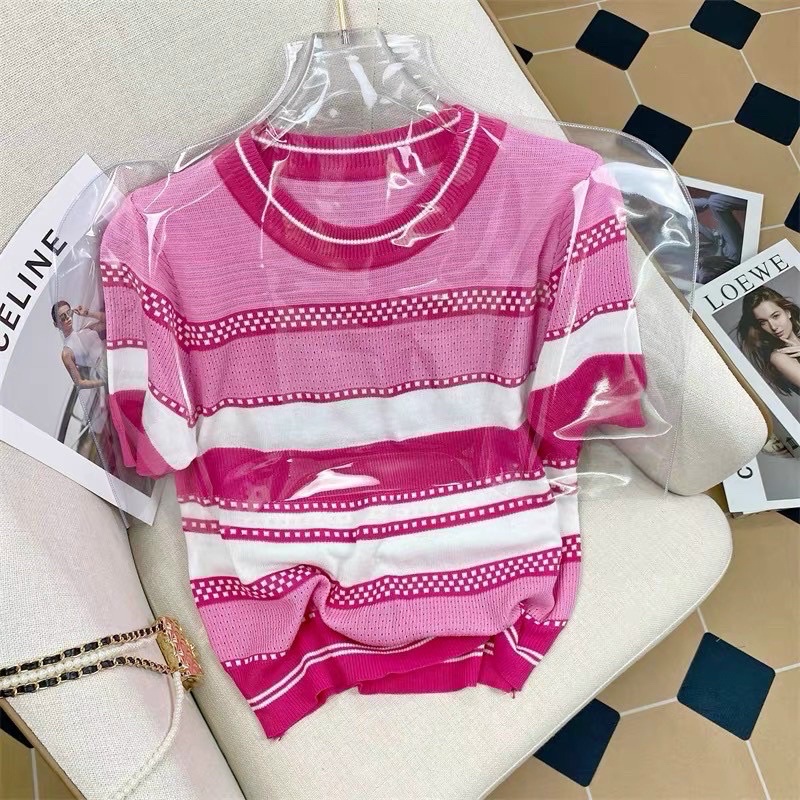 Áo len mỏng kẻ hồng cổ tròn ngắn tay, Áo kiểu kẻ ngang phối màu AL7523 - NhiNhi Shop