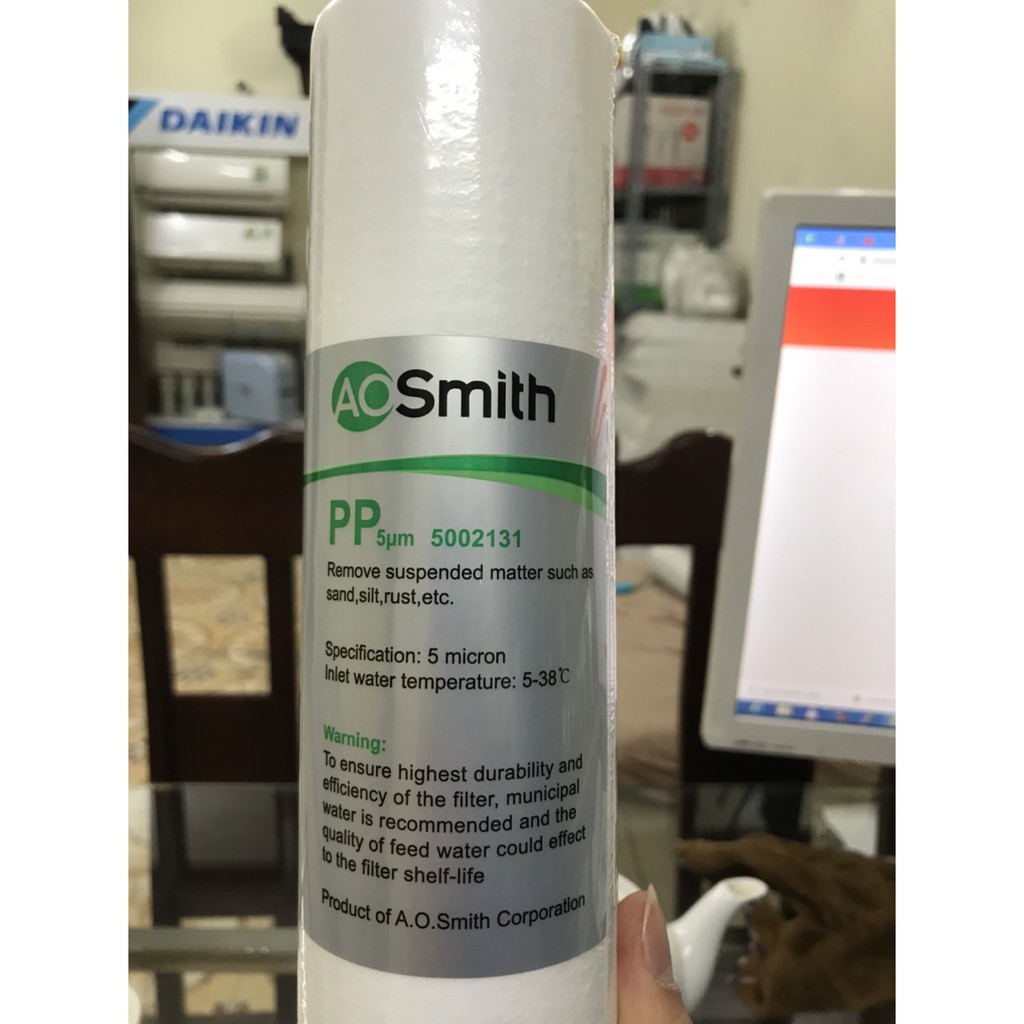Bộ lọc thô 10 inch bằng nhựa trong dùng lõi A.O.Smith aosmith (tiền lọc PP5m)