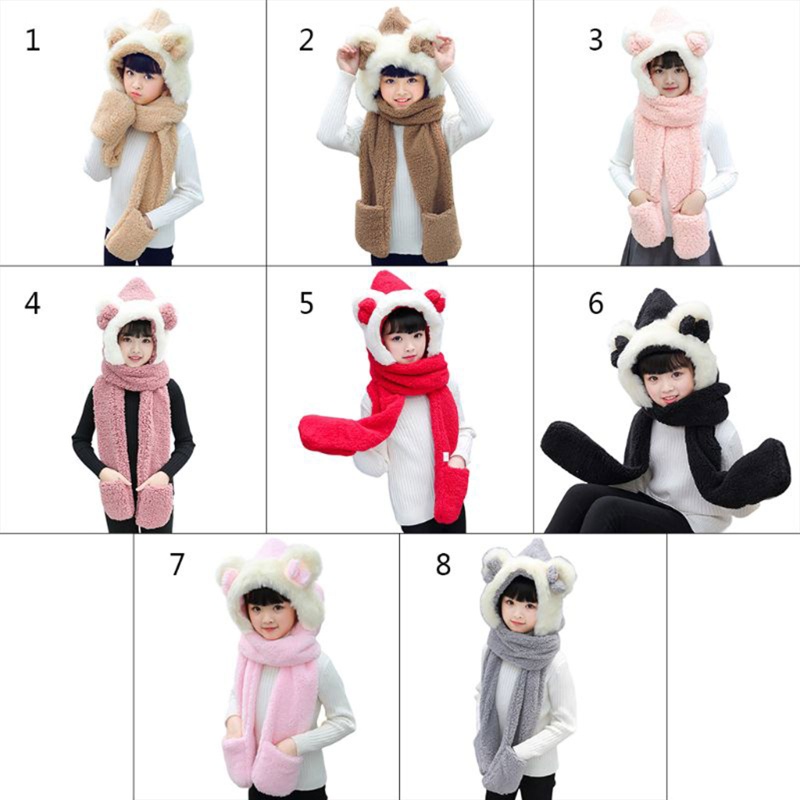 Set mũ tai gấu + găng tay + khăn lông thắt nơ ấm áp dễ thương mùa đông cho bé