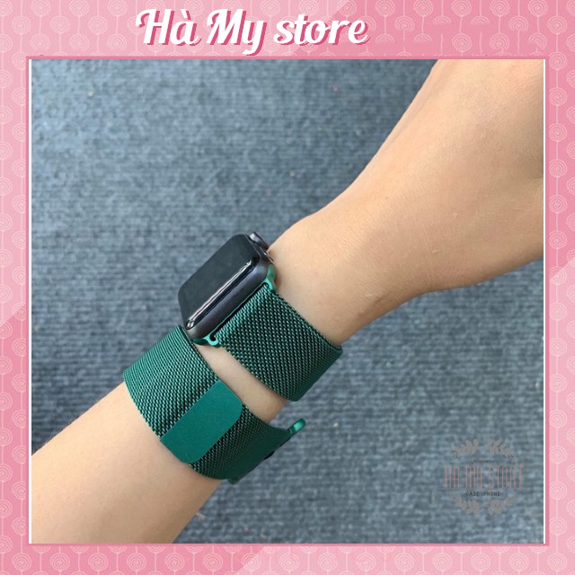 Dây đeo Thép Chống Gỉ và dây cao su mầu Midnight green cho Apple Watch ( Milanese Loops)