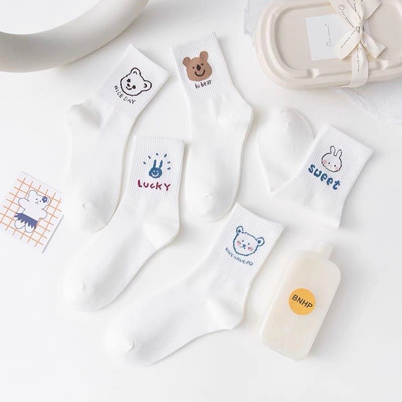 Tất Cổ Cao Cotton Tông Trắng Phối Hình Thú Dễ Thương