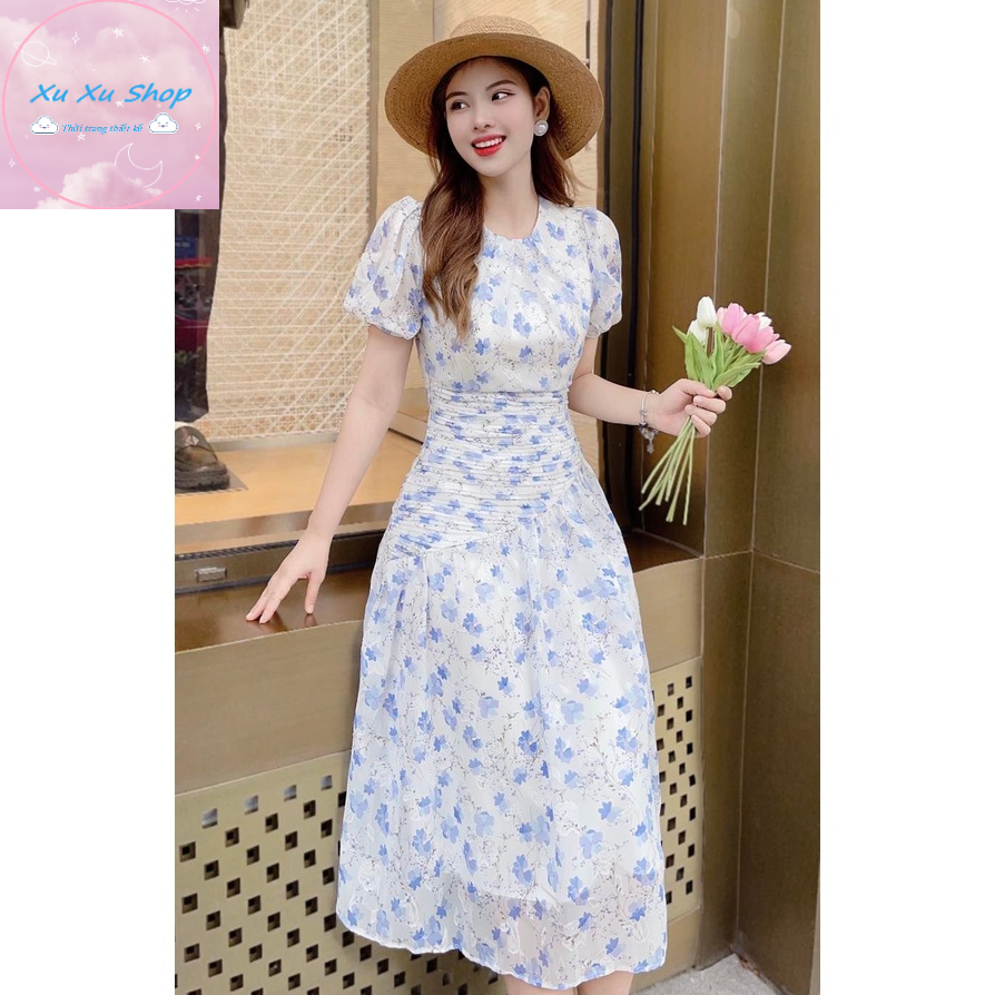 Đầm hoa nhí xếp ly eo cổ tròn - XU XU SHOP - Váy voan nữ thiết kế dáng xòe form xinh vải đẹp, may tỉ mỉ - ẢNH THẬT