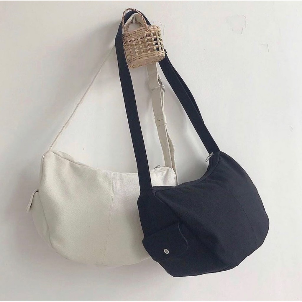 Túi tote hộp bên sẵn kho đen trắng - Túi tote đep chéo unisex vải canvas nhiều ngăn đựng sách vở cực ngầu T18