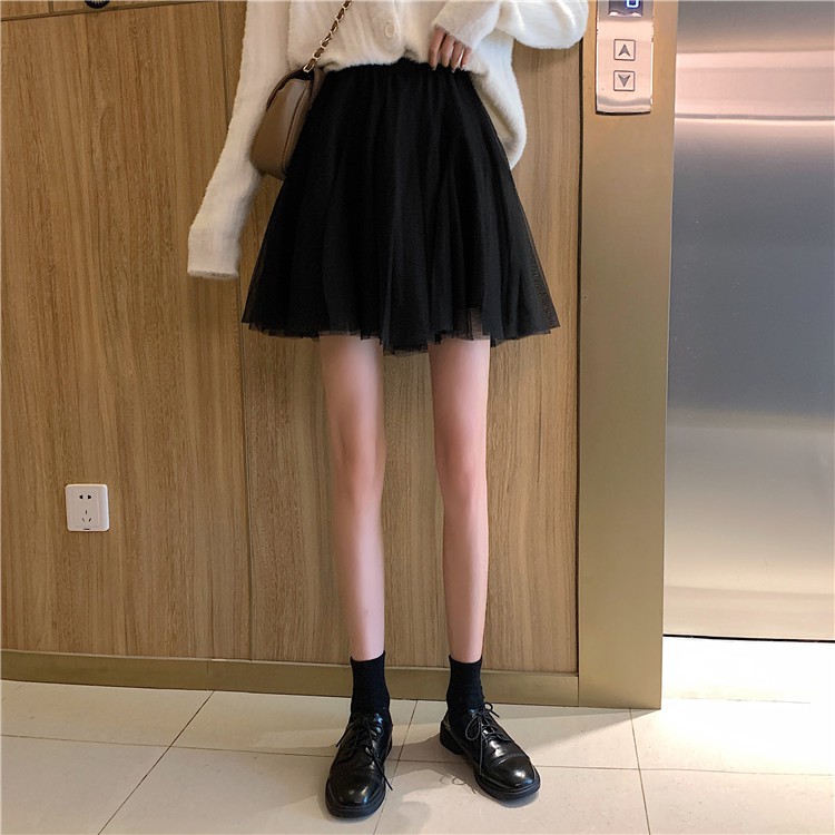 Xiaozhainv Chân Váy Chữ A Lưng Cao Màu Trơn Phối Lưới Phong Cách | BigBuy360 - bigbuy360.vn