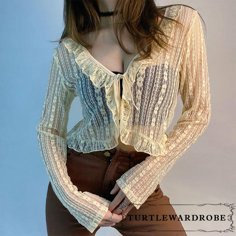Áo khoác cardigan ren hoa xuyên thấu tay dài cổ chữ V thắt dây cho nữ
