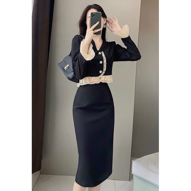 Sét Bộ Đồ Nữ Áo Dài Tay Phối Viền Bèo Voan Cài Nút Thật & Chân Váy Dài Thiết Kế Sang Chảnh Đi Làm Công Sở, Dạ Hội